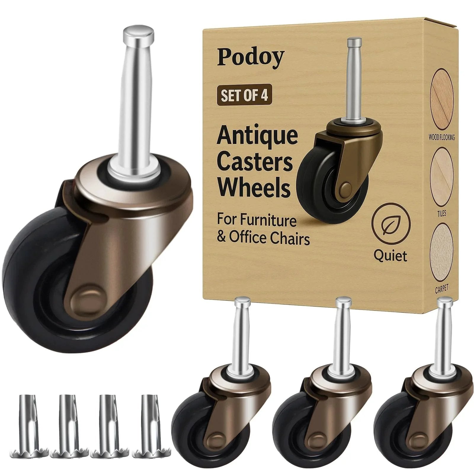 Image of Antique Style Furniture Casters Set Of Four with one and five eighths inch stem, rubber wheels, and packaging box.