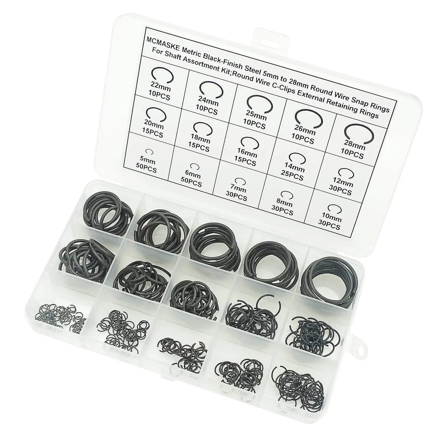 Image of Complete 340-Piece Round Wire C-Clips External Retaining Rings Assortment Kit 5mm To 28mm For Shafts Black Finish Steel Snap Ring Set.