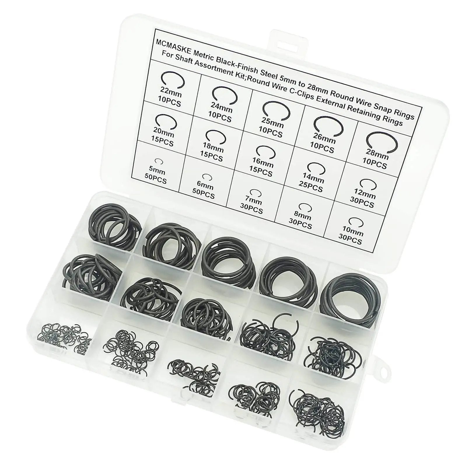 Image of Complete 340-Piece Round Wire C-Clips External Retaining Rings Assortment Kit 5mm To 28mm For Shafts Black Finish Steel Snap Ring Set.