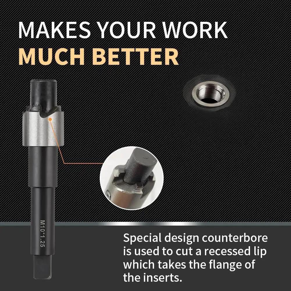 Pro Grade Stainless Steel M10x1.25 Thread Repair Kit with 14mm inserts, showing counterbore design and thread insert detail