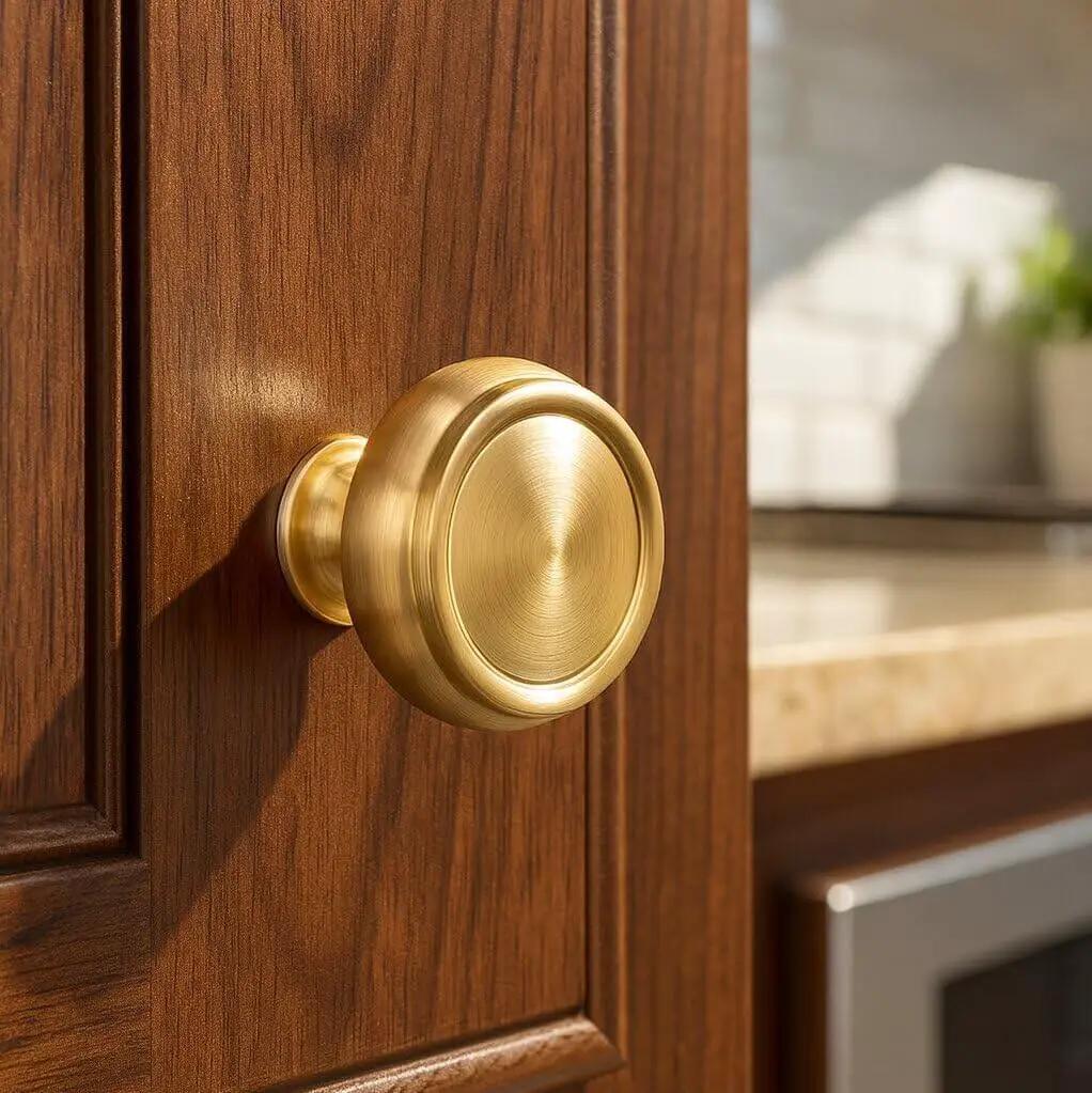 Side view of Champagne Bronze Cabinet Knobs Set Of 10 For Kitchen And Furniture, One And A Quarter Inch Single Hole Zinc Alloy Knobs by EAXINTA.
