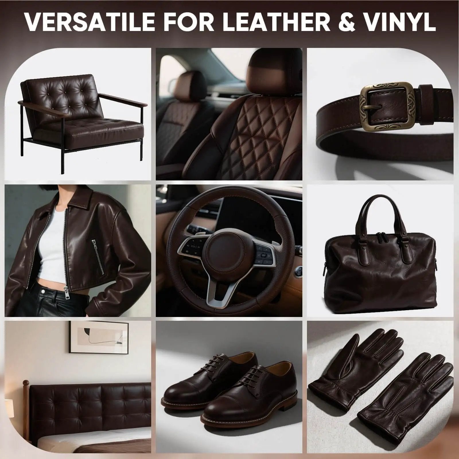 Collage showcasing versatile applications of Dark Brown Leather Recoloring Balm For Faded Leather And Scratches Easy Color Restoration Kit.