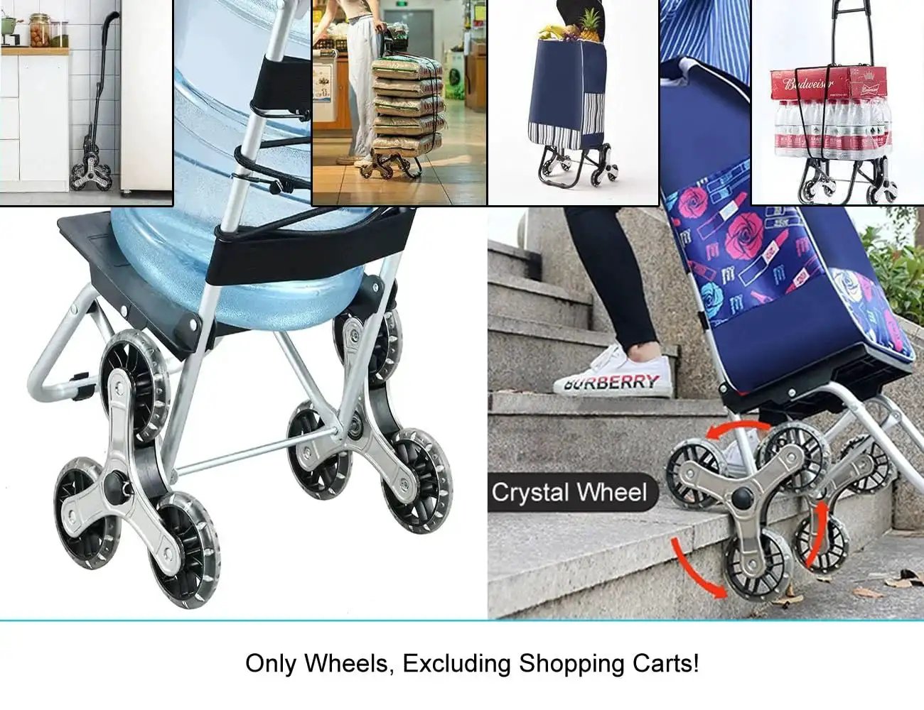 Replacement Stair Climbing Wheels For Shopping Cart And Laundry Trolley, Triangle Rubber Wheels For Foldable Cart, shown on stairs
