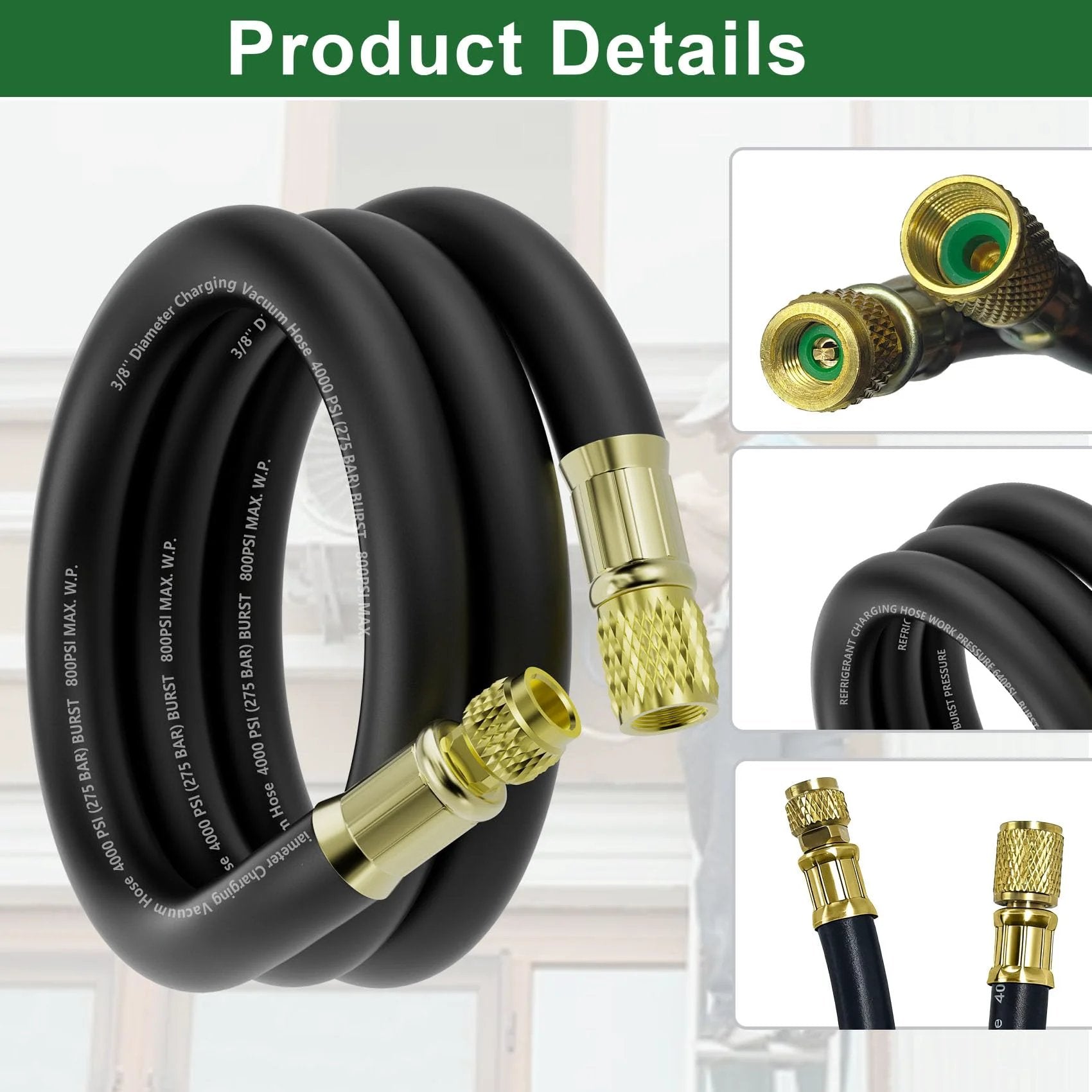 HVAC Vacuum Hose Six Foot Length With Three Eighths Inch Internal Diameter And Three Eighths To Quarter Inch Fittings
