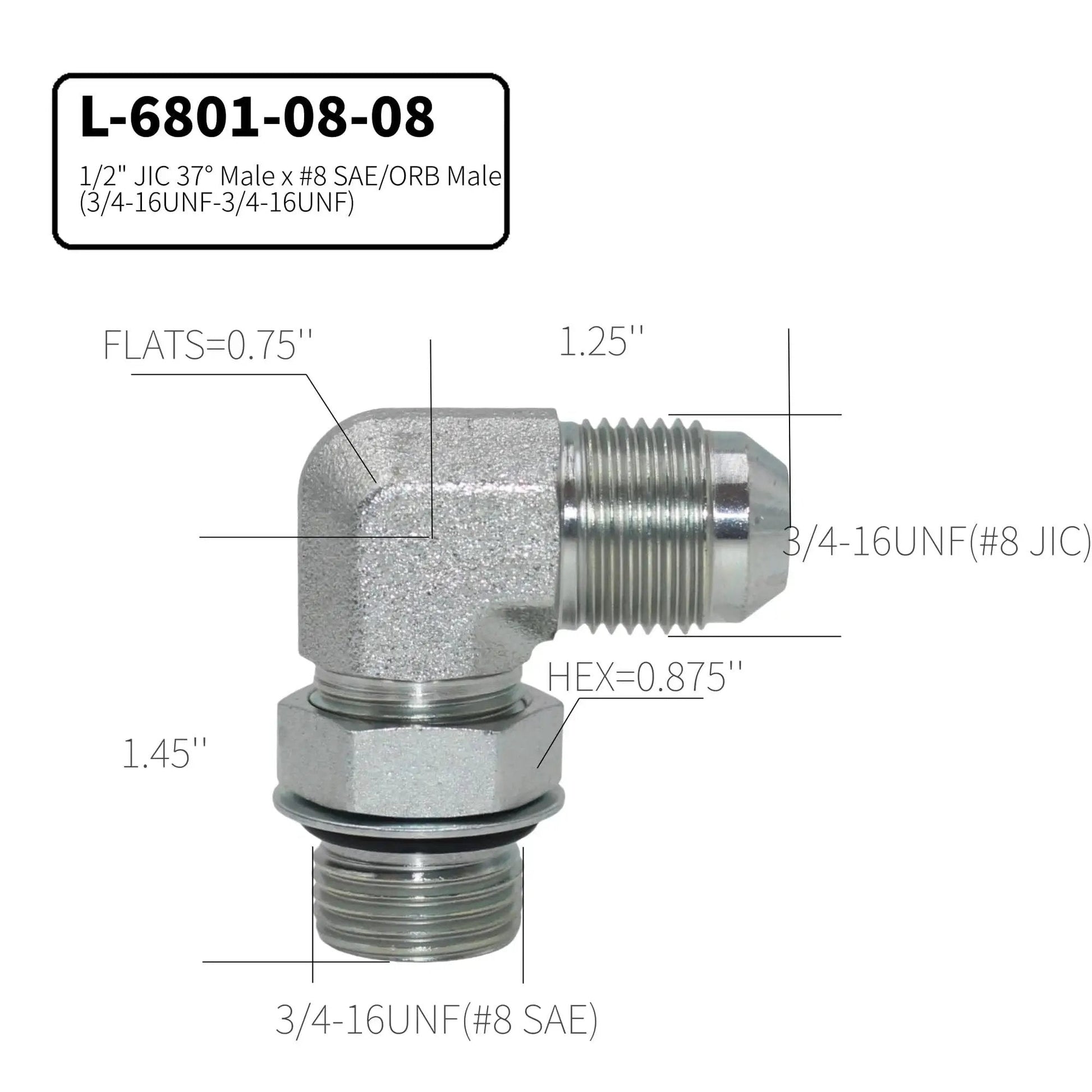 Five Pack One Half Inch JIC 37 Degree Male To SAE ORB Male Hydraulic Corner Elbow Fittings 6000 PSI, side view.