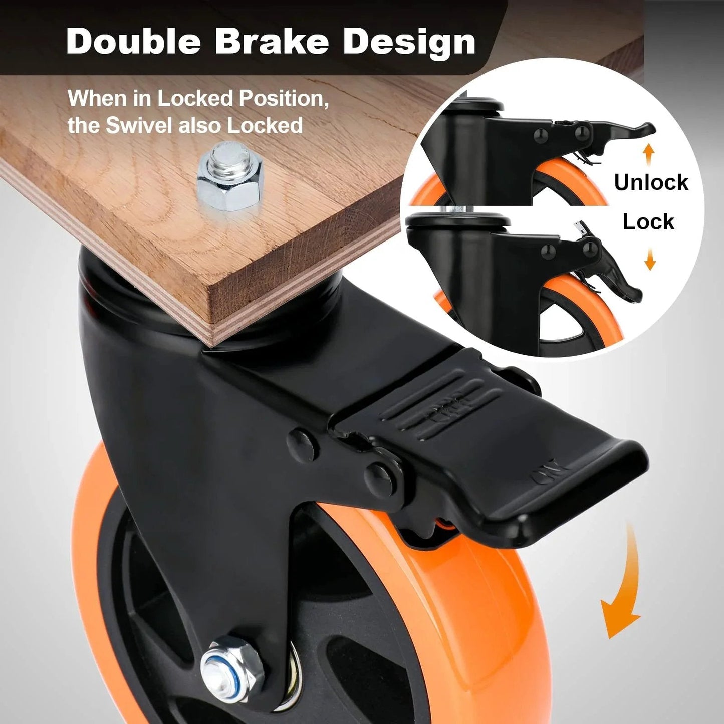5-Inch Stem Caster Wheels With Brakes, Dual Locking Swivel Casters, 1500 Lbs Capacity, close-up showing brake mechanism