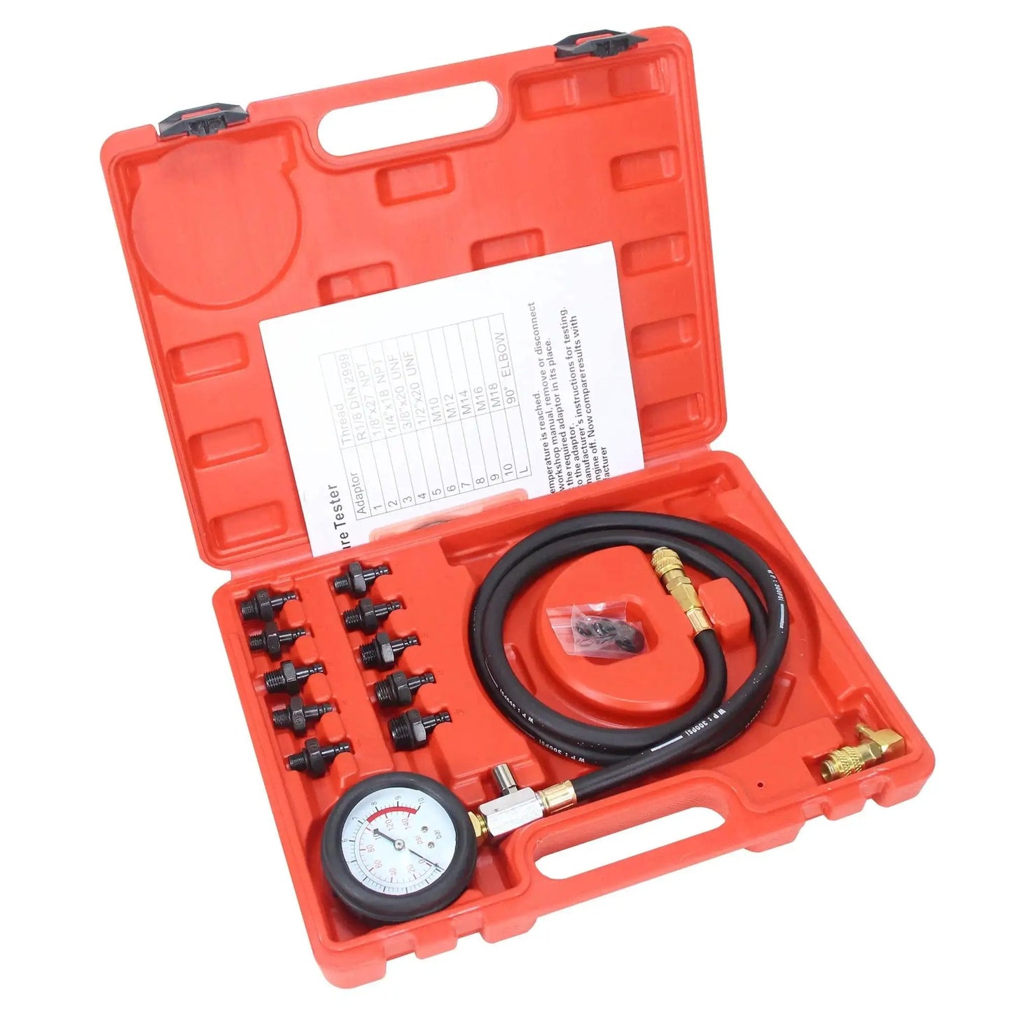 Pro Grade 0 To 140 PSI Oil Pressure Tester Gauge For Cars, ATVs, And Trucks, open case with gauge, 10 adapters, and hose