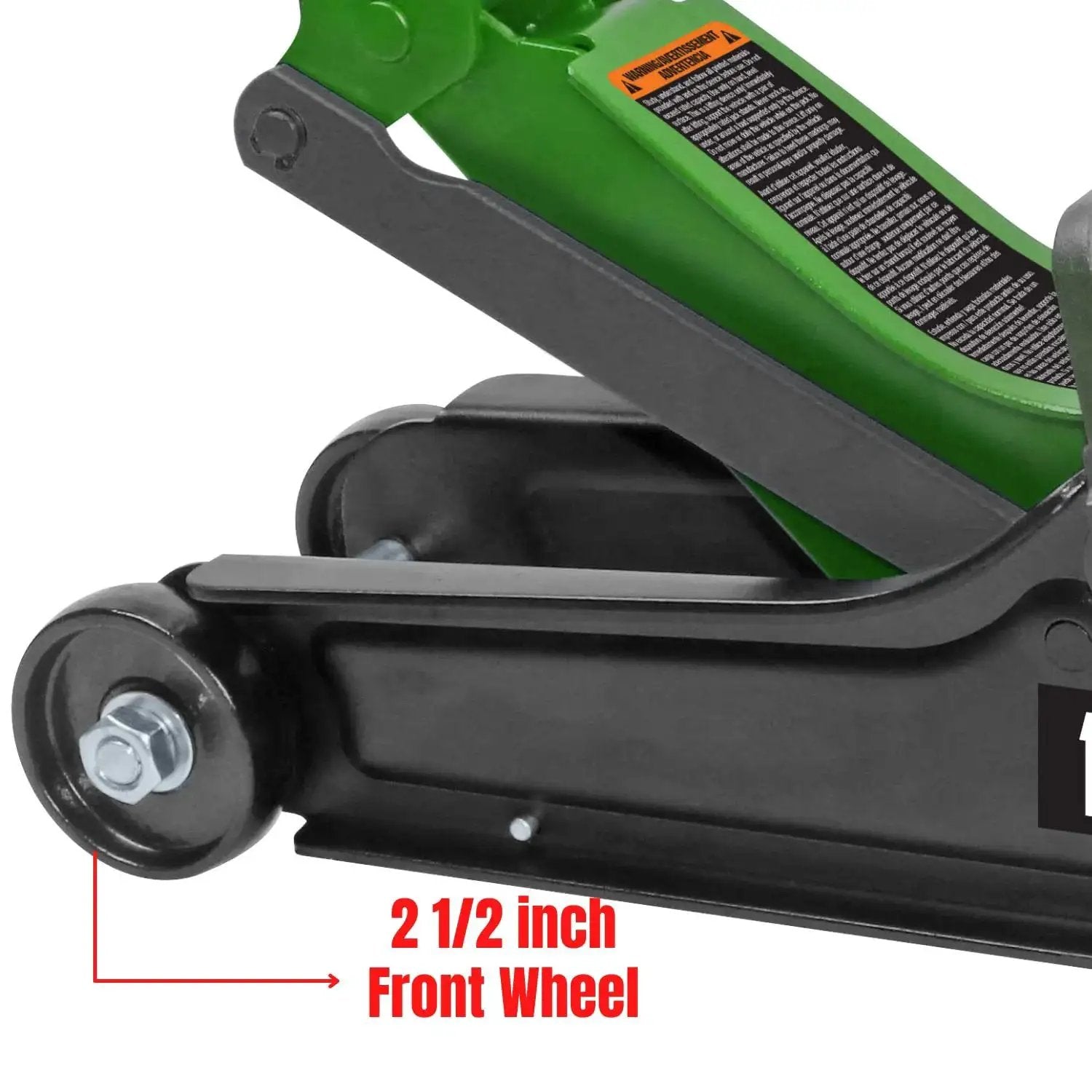 Close-up of 2 Ton Floor Jack Hydraulic Trolley Lift for Home Garage Shop 4000 Lbs Capacity, highlighting 2.5-inch front wheel.