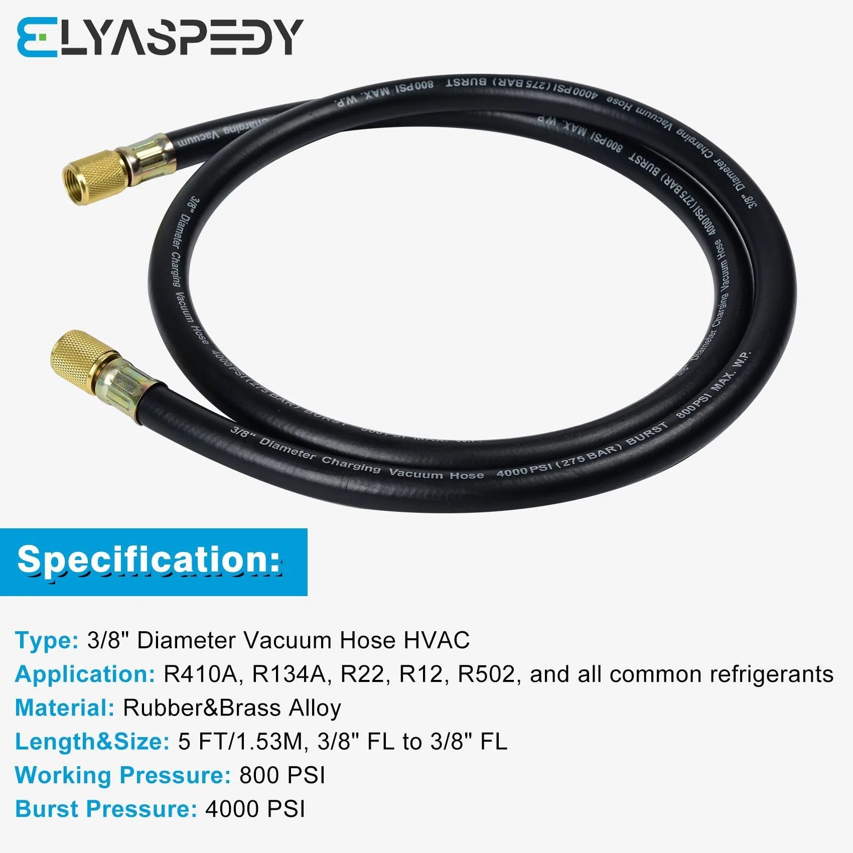 Upgrade Vacuum Hose Three Eighths Inch By Five Feet With Three Eighths By Three Eighths Fittings Built To Withstand 800 Psi Working Pressure And 4000 Psi Burst For Refrigeration And Air Conditioning Equipment Black