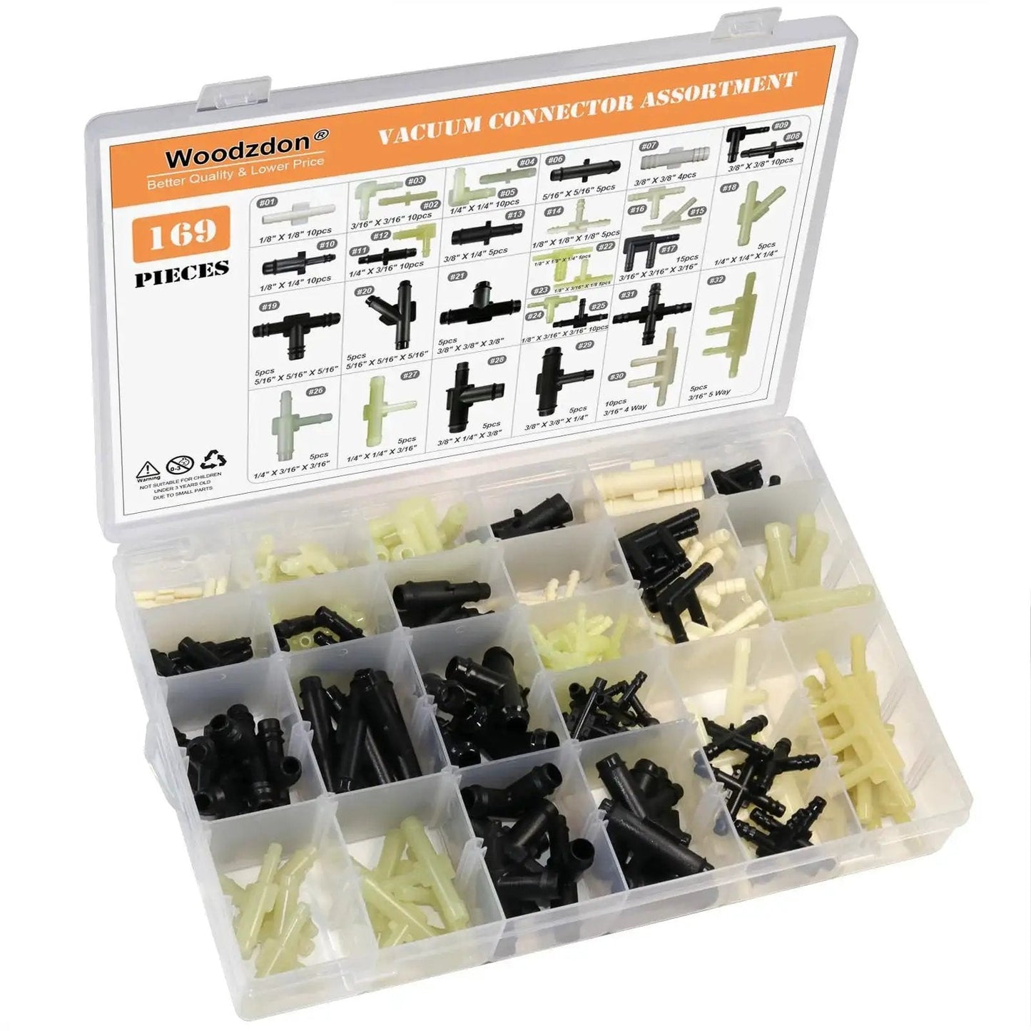 169-Pc Vacuum Connector Kit With 32 Sizes And 169 Pieces in compartment box, including nylon fittings, vacuum tee, barbed connectors