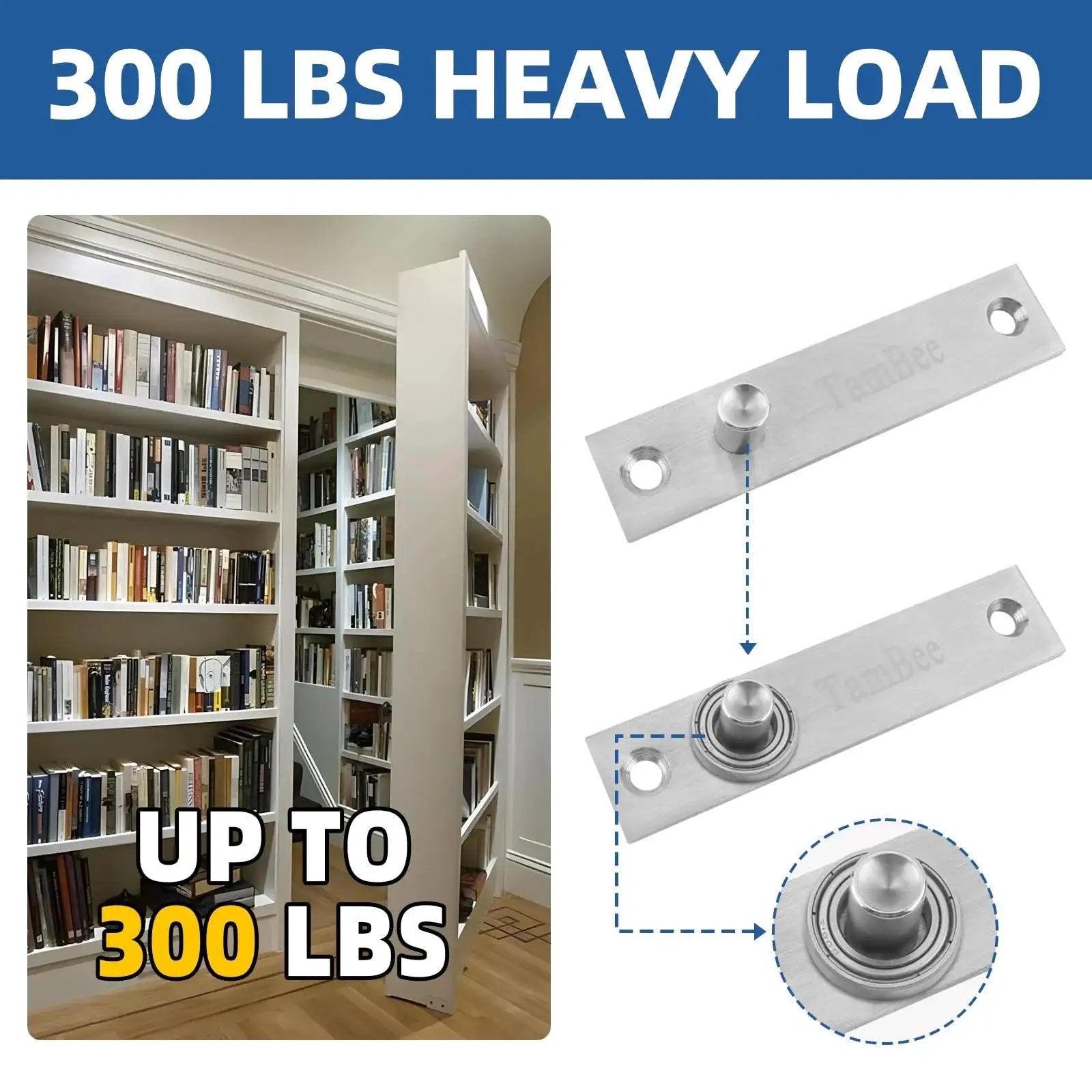 Heavy Duty Pivot Hinge for Secret Hidden Doors and Hidden Bookcase Doors, 300 Lb Load Bearing, 304 Stainless Steel