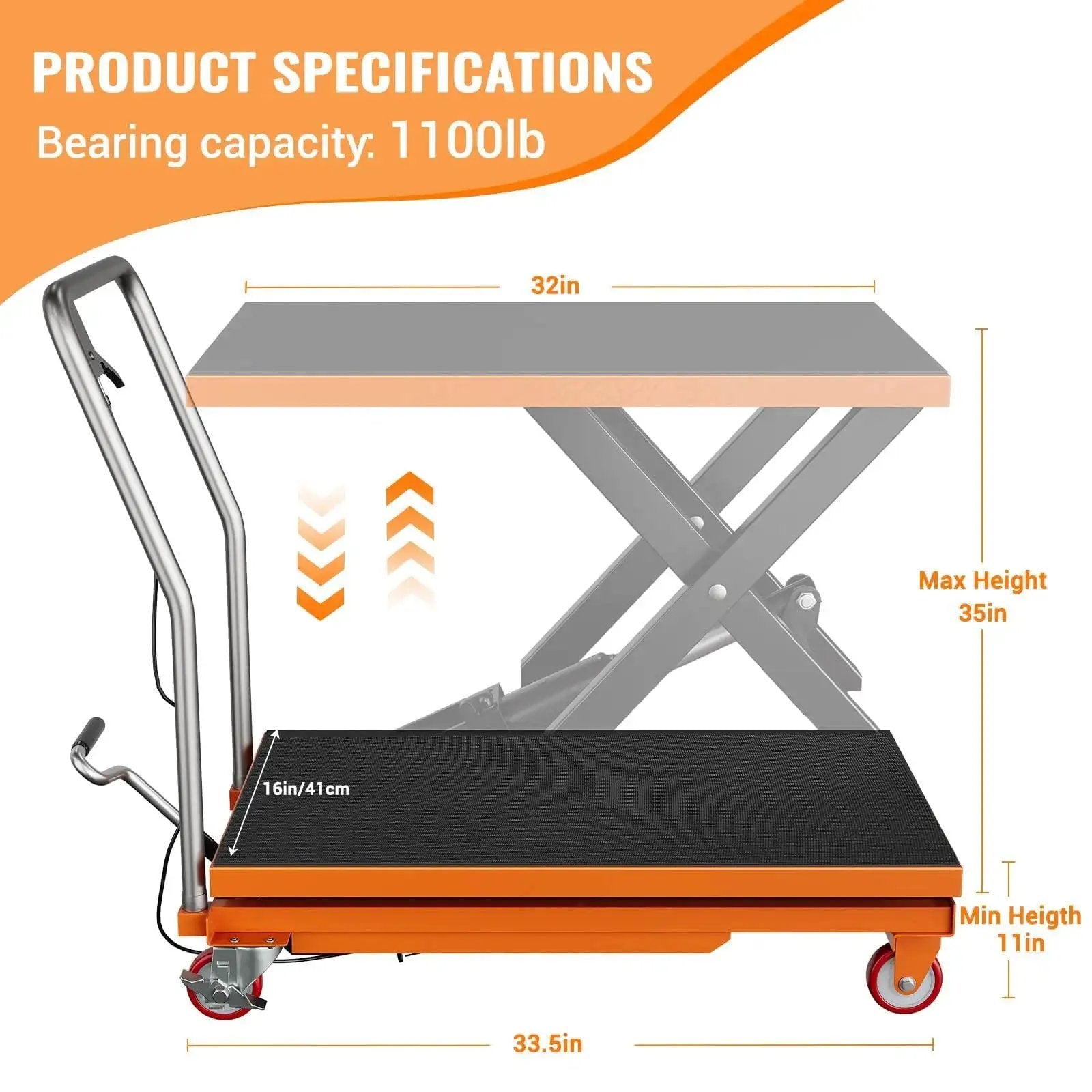 1100 Lbs Lift Table Cart With Locking Wheels And Non Slip Pad 28.5 In Height, showing dimensions and hydraulic lift mechanism