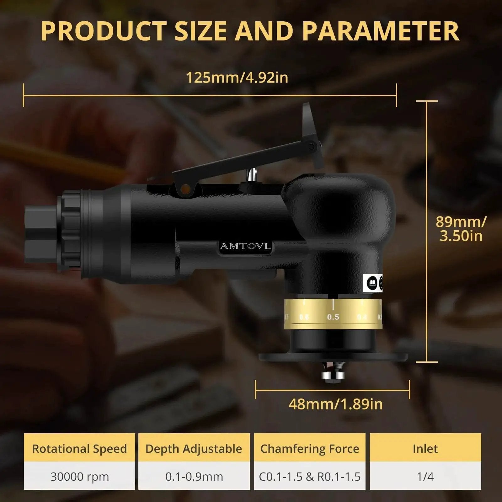 Ultra Compact Pneumatic Chamfering Tool Kit With Ten C Angle And Ten R Angle Blades Delivers Precise 0.1 To 0.5 Millimeter Right Angle Chamfers And 1.5 Millimeter Round Edge Chamfering For Metal And Wood, Speed Settings, 30,000 RPM, Quarter Inch Inlet