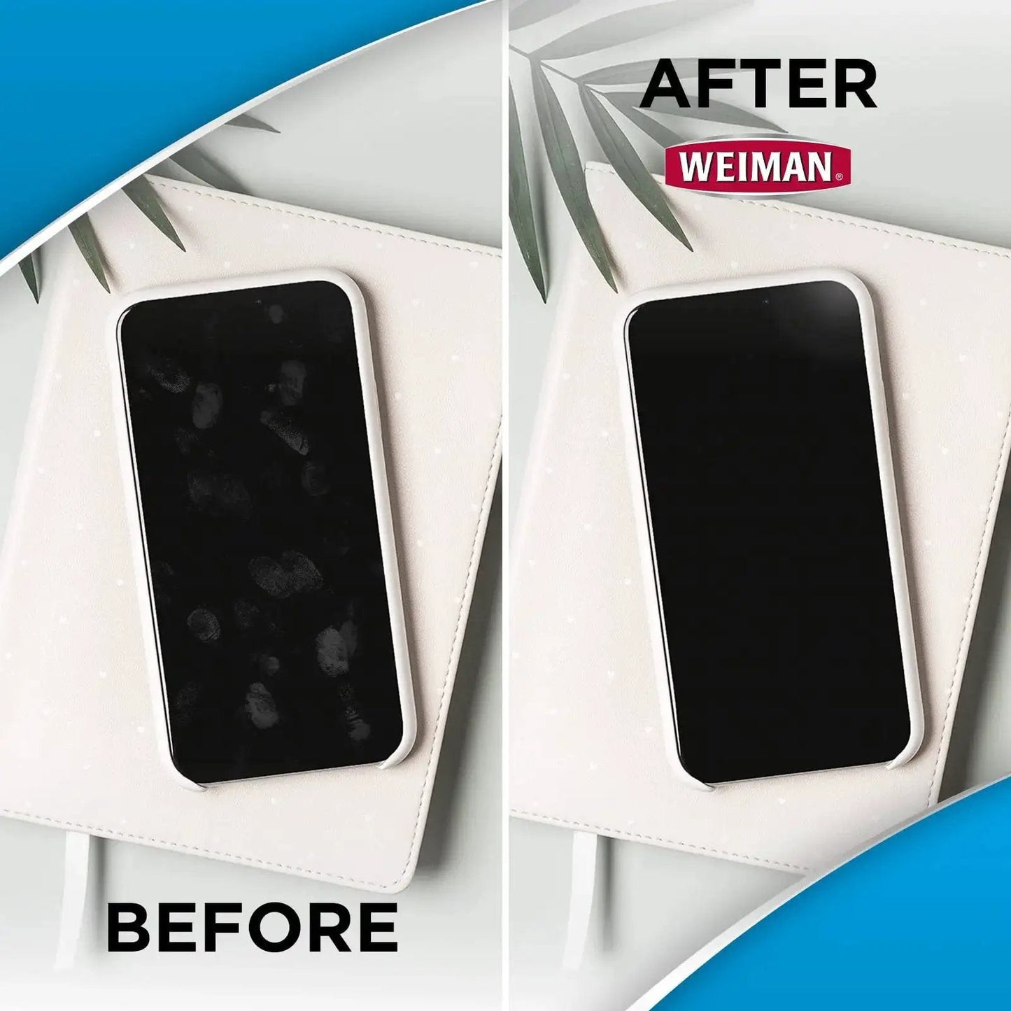 Before and after image using Electronic Screen Cleaner Wipes 4 Pack For Laptops Computers And TVs Kills Germs showing a clean smartphone screen.