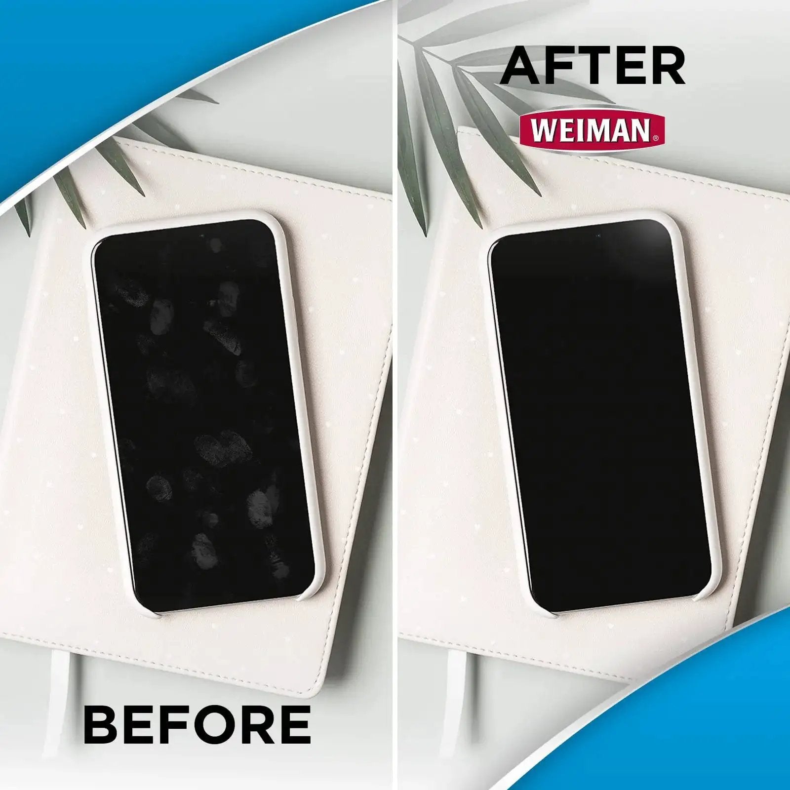 Before and after image using Electronic Screen Cleaner Wipes 4 Pack For Laptops Computers And TVs Kills Germs showing a clean smartphone screen.