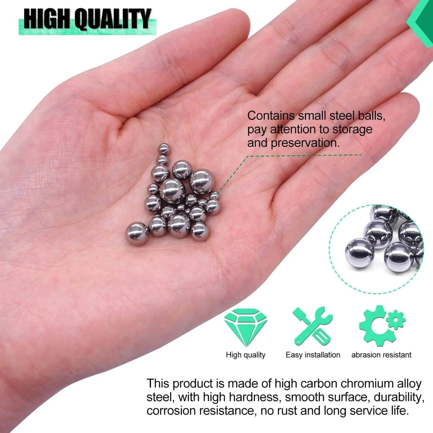 Hand holding rust-resistant precision steel bicycle bearing balls from 620 Pieces Stainless Steel Bicycle Bearing Balls Set