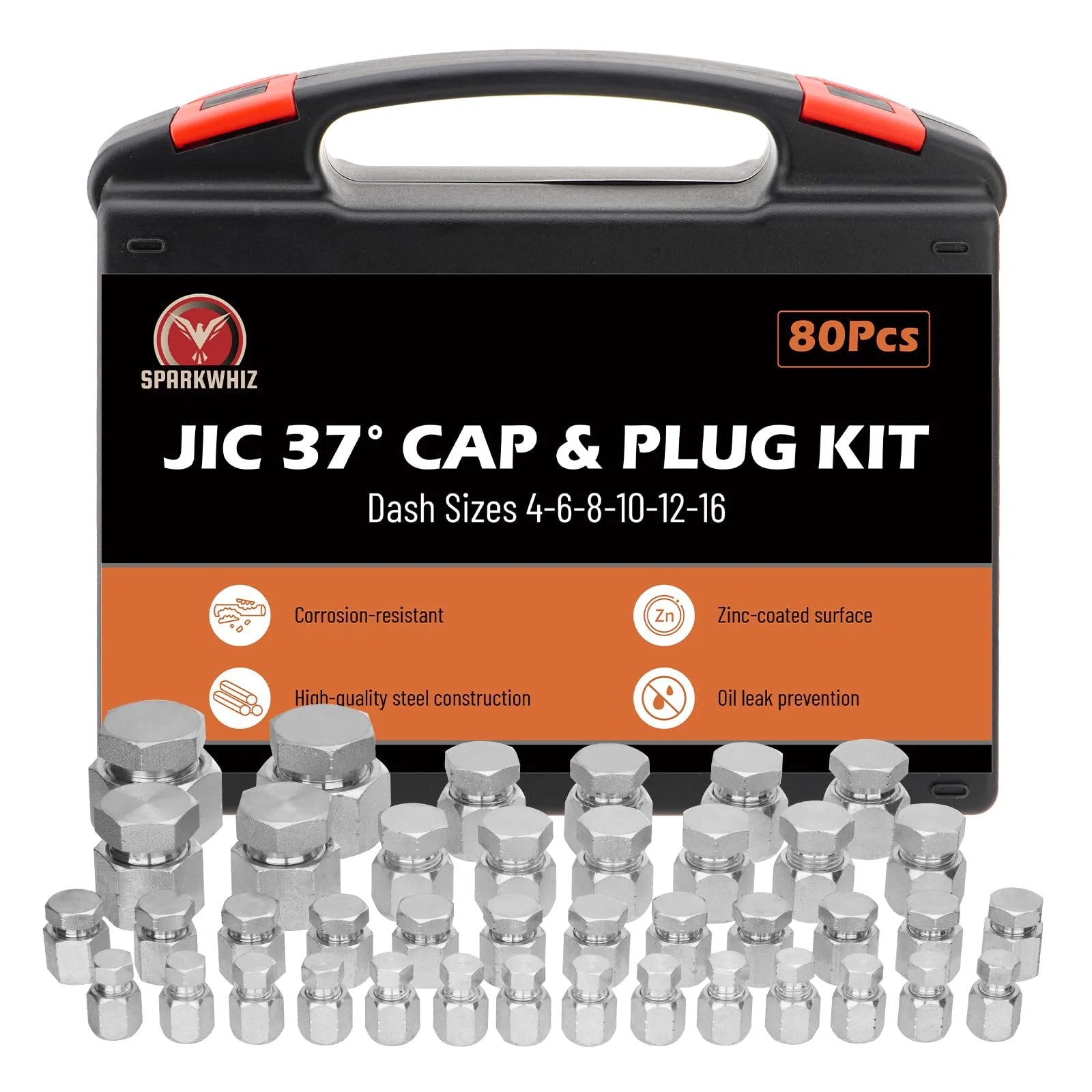 Leak-Proof JIC 37 Degree Flare Cap And Plug Kit, 80-Piece Hydraulic Fitting Set with metal pieces and carrying case