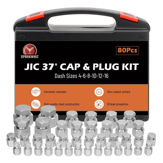 Leak-Proof JIC 37 Degree Flare Cap And Plug Kit, 80-Piece Hydraulic Fitting Set with metal pieces and carrying case