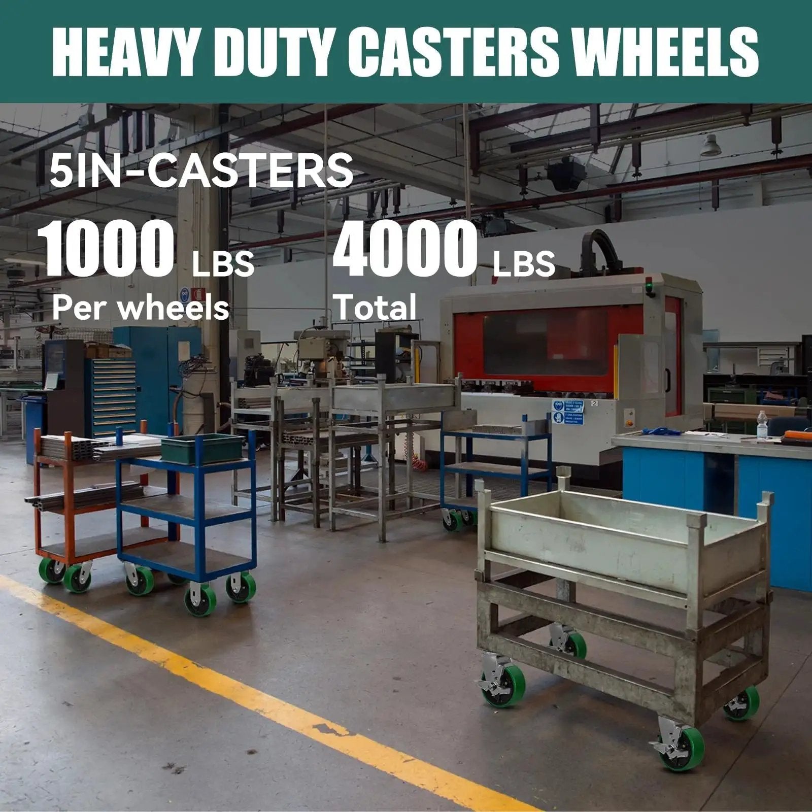 5 Inch By 2 Inch Industrial Heavy Duty Cast Iron Caster Set Of 4 With Polyurethane Tread Non Marking Green Wheels in workshop