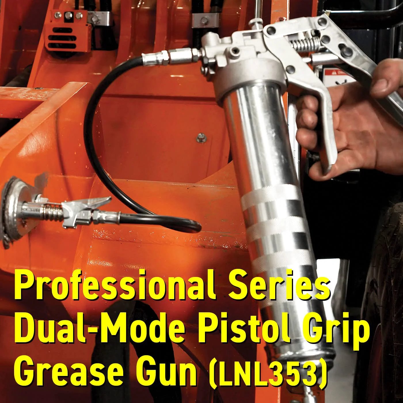 Beefy Dual-Mode Pistol Grip Grease Gun With LockNLube Coupler 20 Inch Hose Inline Swivel Top Or Front Discharge