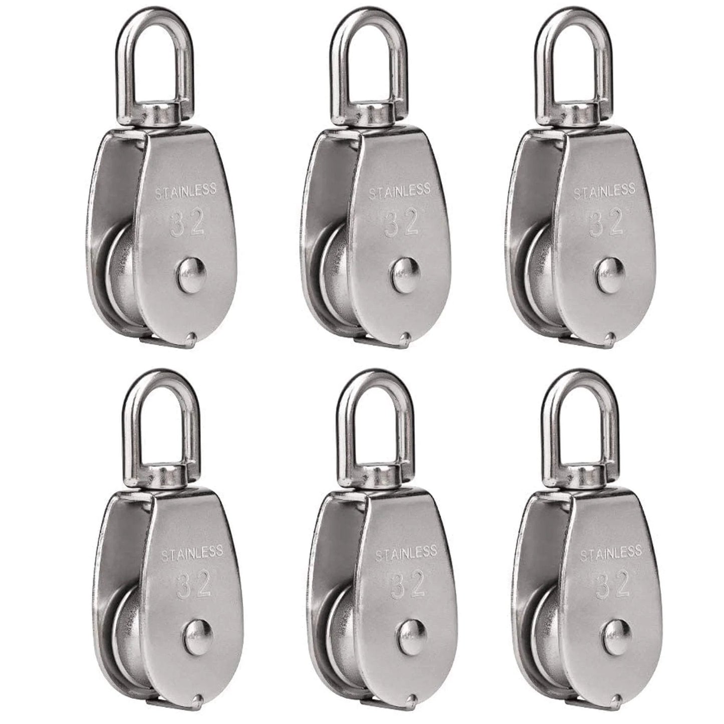 6 Pack M32 Stainless Steel Wire Rope Crane Pulley Block 551lbs Lifting Crane Swivel Hook Single Pulley Block Hanging Wire Towing Wheel set