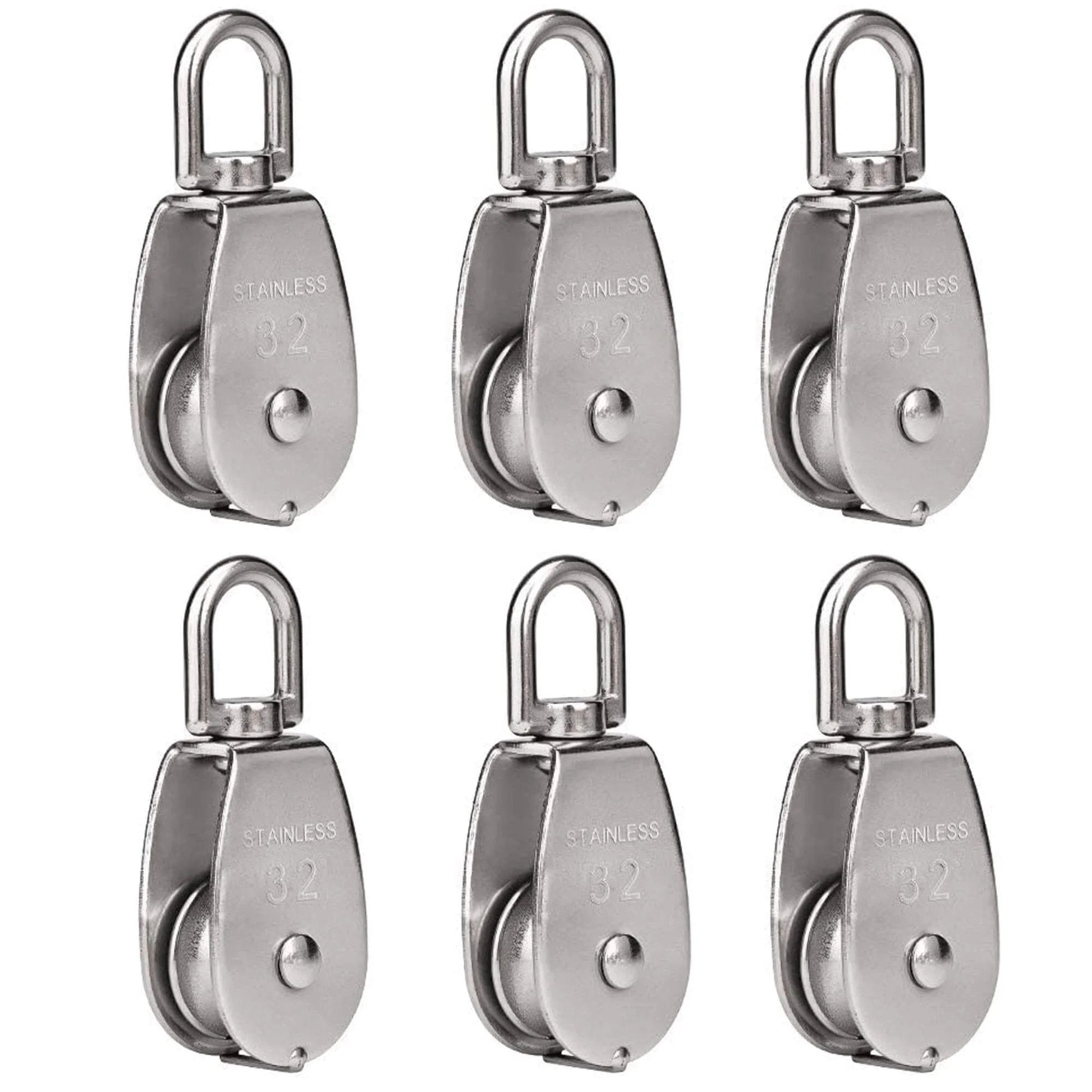 6 Pack M32 Stainless Steel Wire Rope Crane Pulley Block 551lbs Lifting Crane Swivel Hook Single Pulley Block Hanging Wire Towing Wheel set