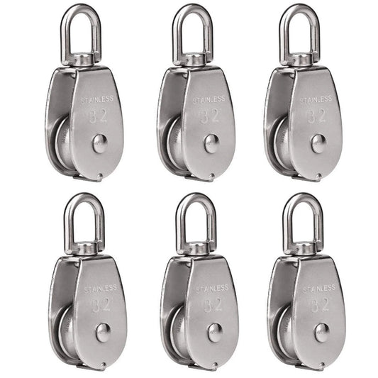 6 Pack M32 Stainless Steel Wire Rope Crane Pulley Block 551lbs Lifting Crane Swivel Hook Single Pulley Block Hanging Wire Towing Wheel set