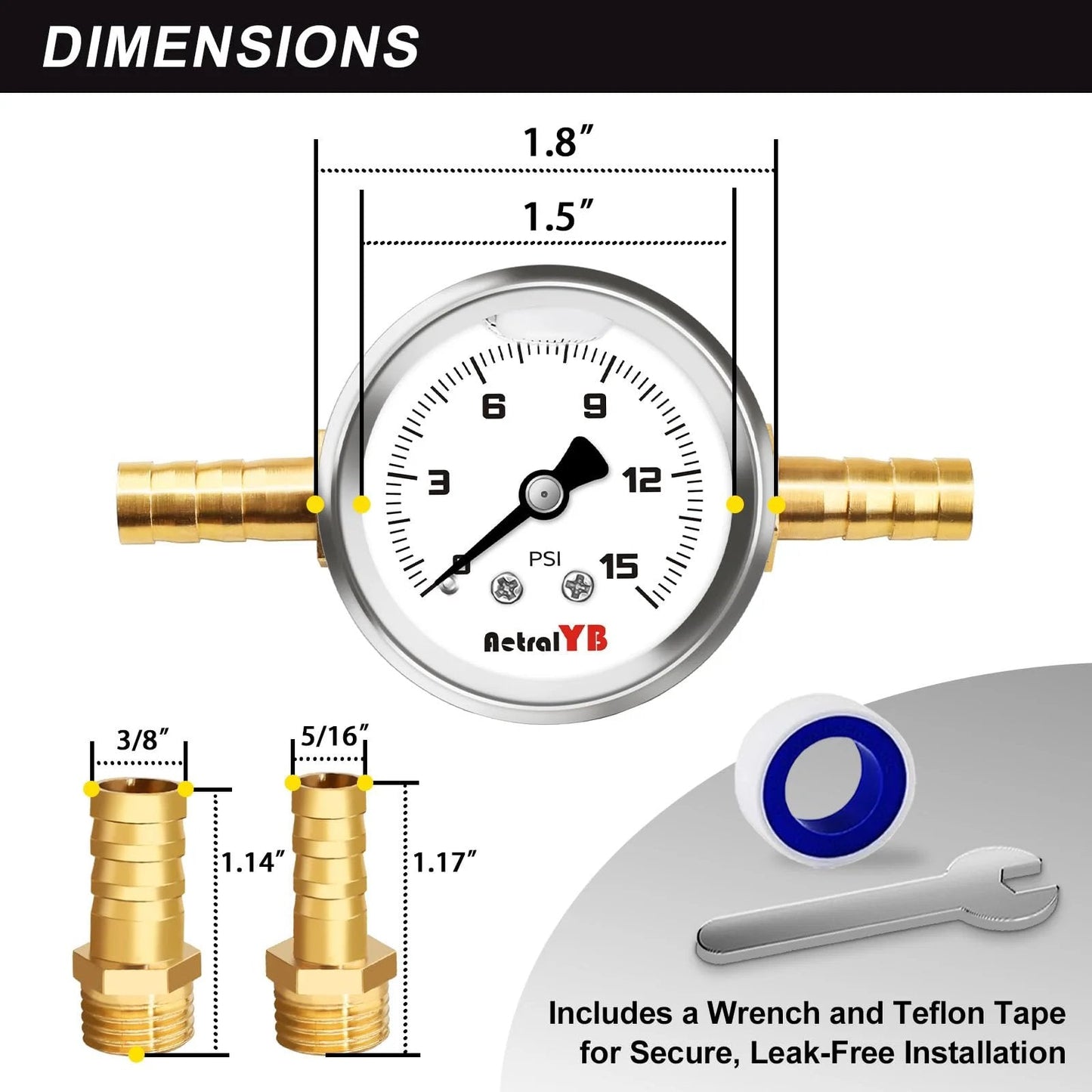 Pro Grade Inline Fuel Pressure Test Kit with 1.5 inch dial and 0 to 15 psi gauge, shown with dimensions and installation tools