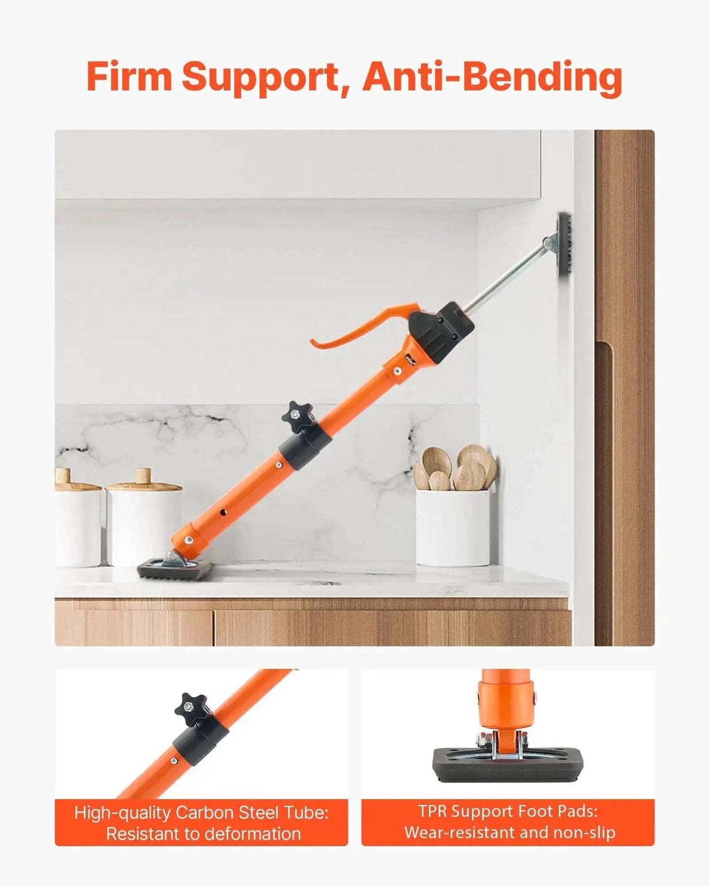 Telescoping Cabinet Jack Support Pole 2-Pack, 15.75-23.6 Inches 220 Lb Capacity showing anti-bending support on a cabinet.