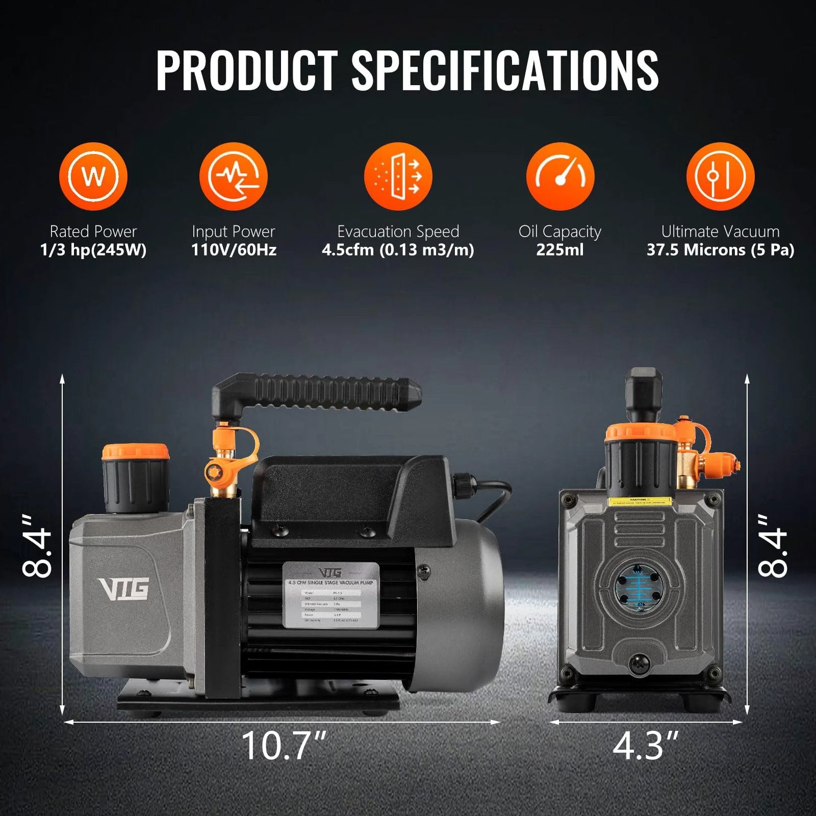 Front view of HVAC Vacuum Pump And Gauge Kit With Leak Detector For Mini Split And Auto Systems, Pro Grade 4.5 CFM 1/3 HP.