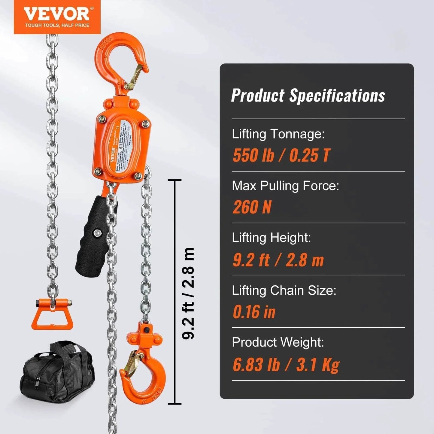Manual Lever Chain Hoist Quarter Ton Come Along Ten Ft G80 Chain Weston Style Dual Pawl Brake 360 Rotating Hook with specs