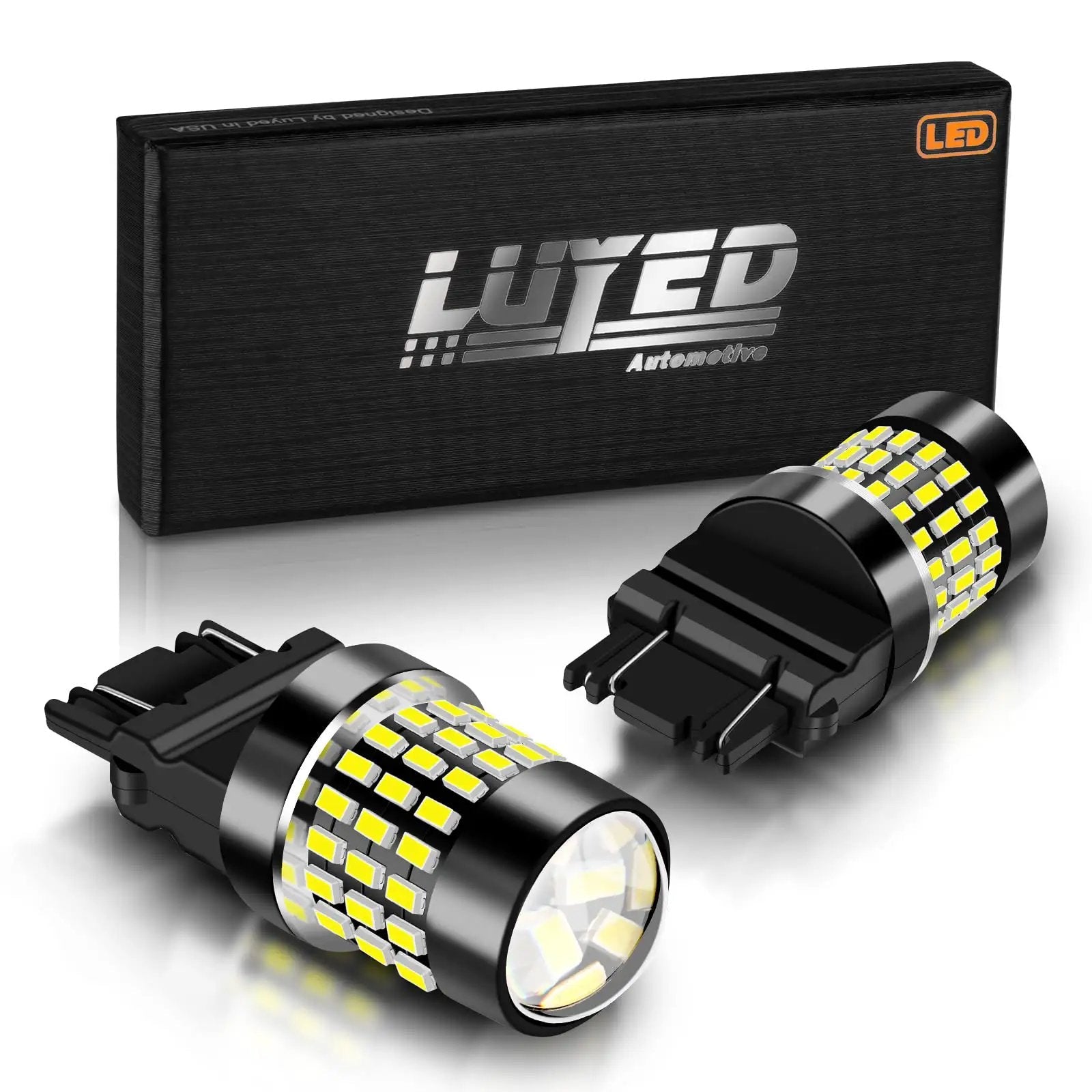 Crazy Bright 3157 LED Bulbs For Back Up Lights Xenon White 6500K 1800 Lumens showing two bulbs in packaging.