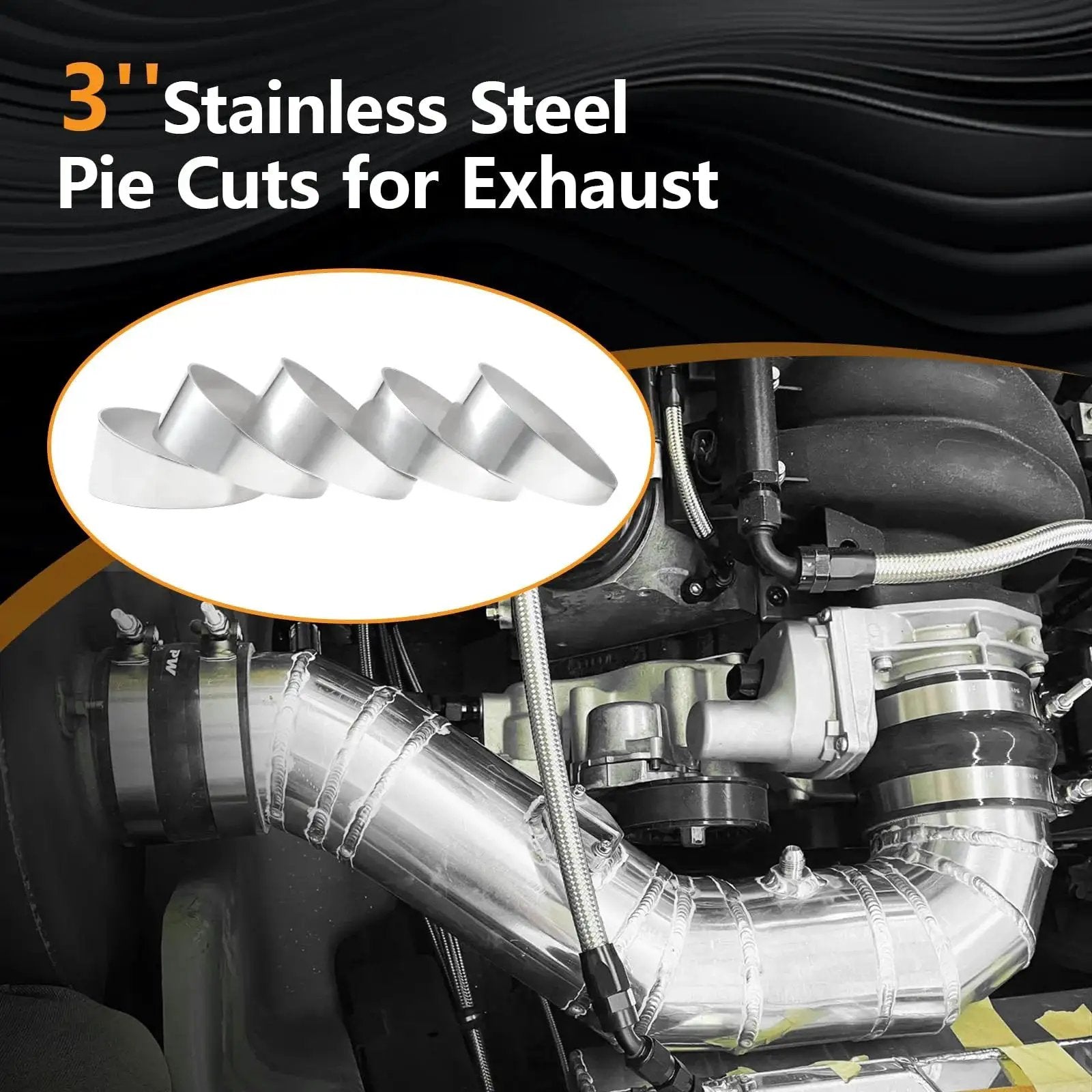 Installed view of 304 Stainless Steel Pie Cuts 3 Inch Polished Deburred Exhaust Cutouts 5 Pcs on vehicle exhaust system.