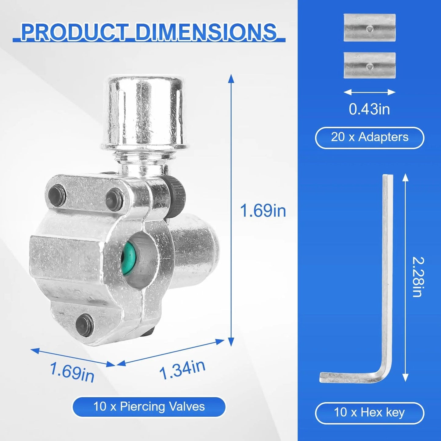 Bullet Piercing Valve Kit Set Of Ten Pro Grade BPV 31 Line Valves for Refrigerator and HVAC with adapters and hex key shown.