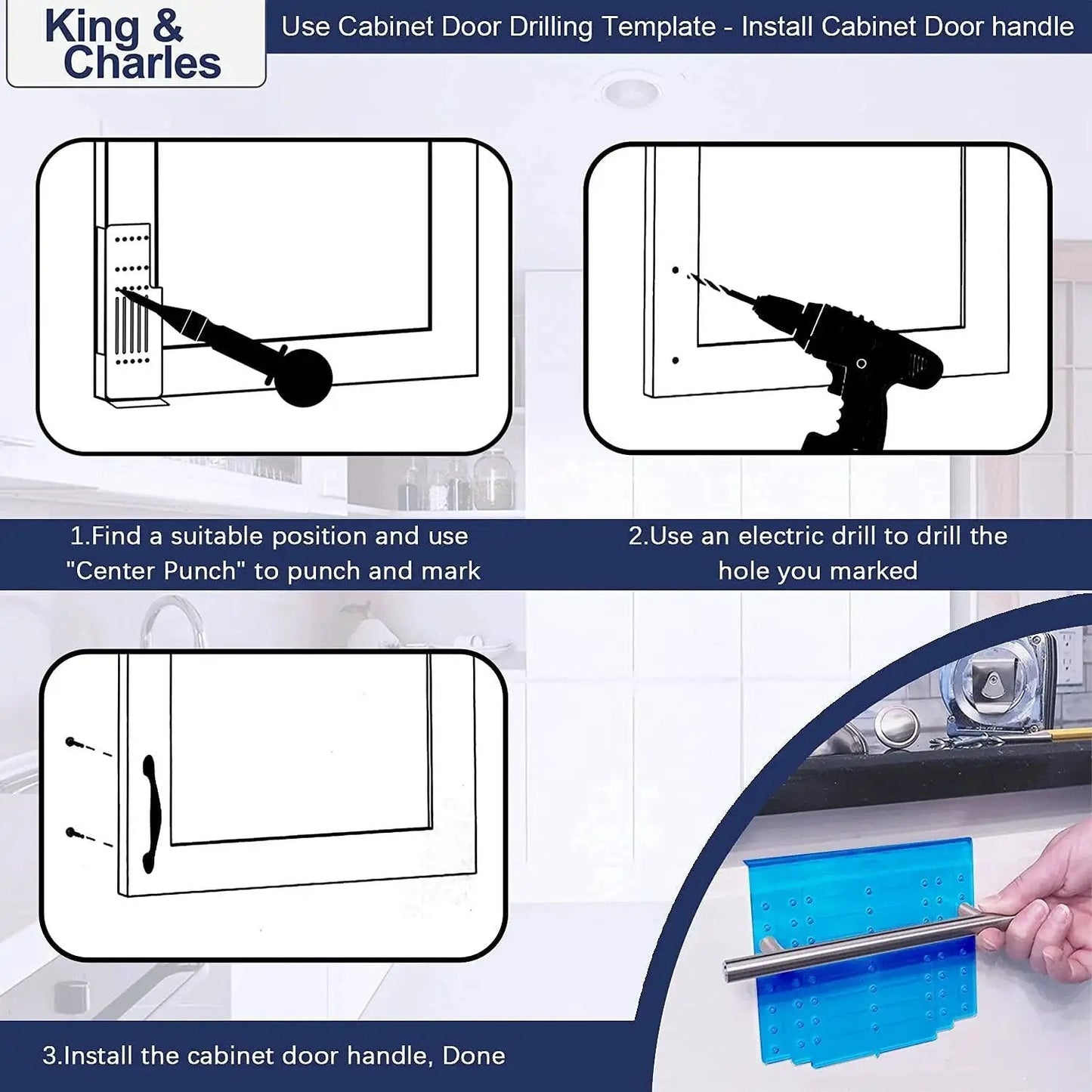 Diagram showing steps for using Cabinet Hardware Template With Center Punch Kit for installing handles on doors, with alignment tool.
