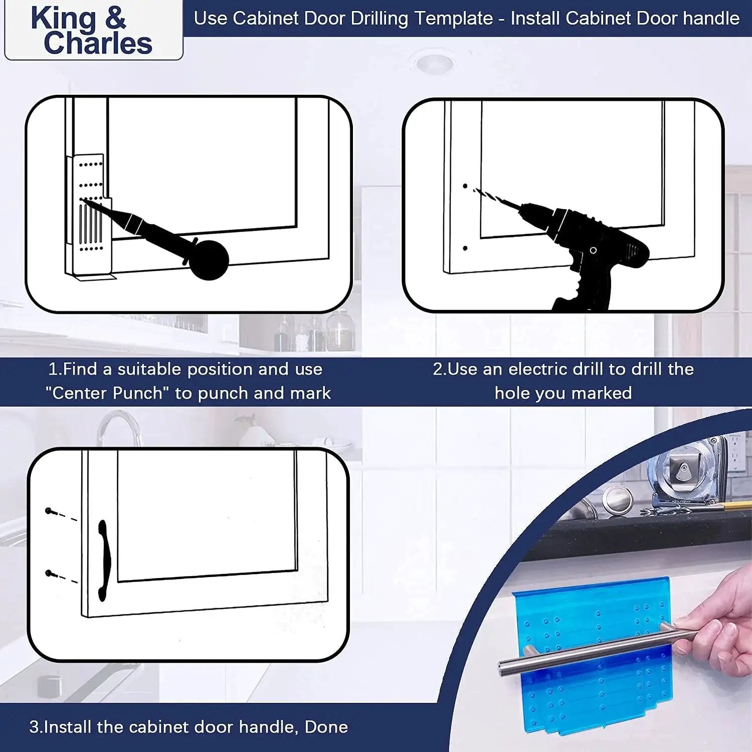 Diagram showing steps for using Cabinet Hardware Template With Center Punch Kit for installing handles on doors, with alignment tool.