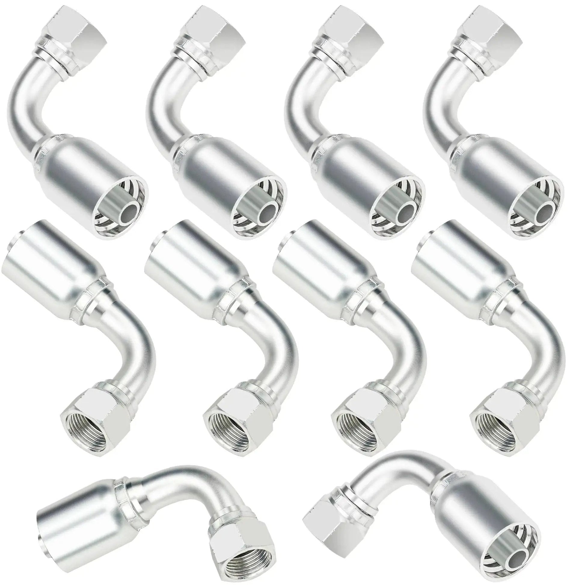 Hydraulic Fittings 90 Degree 1/2 Inch JIC to 1/2 Inch Hose Crimp Kit, 10 Piece Size 08, showing multiple fittings with swivel ends