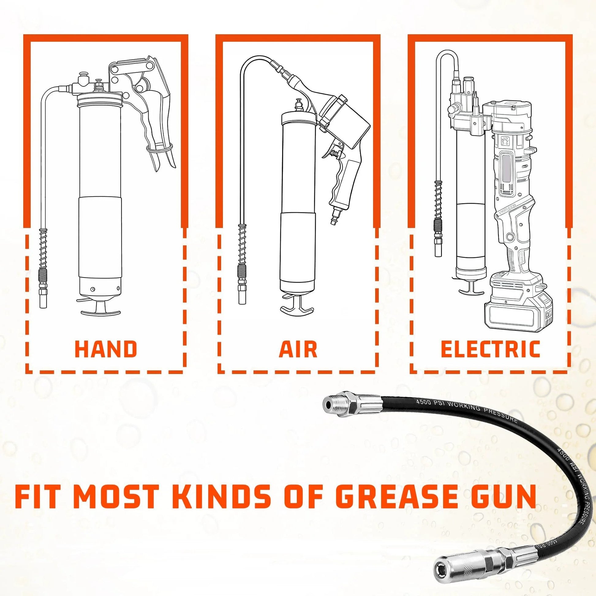 Flexible 12 Inch Grease Gun Whip Hose Extension With Coupler For Hand Operated Grease Guns, 4500 PSI, Fits Various Gun Types