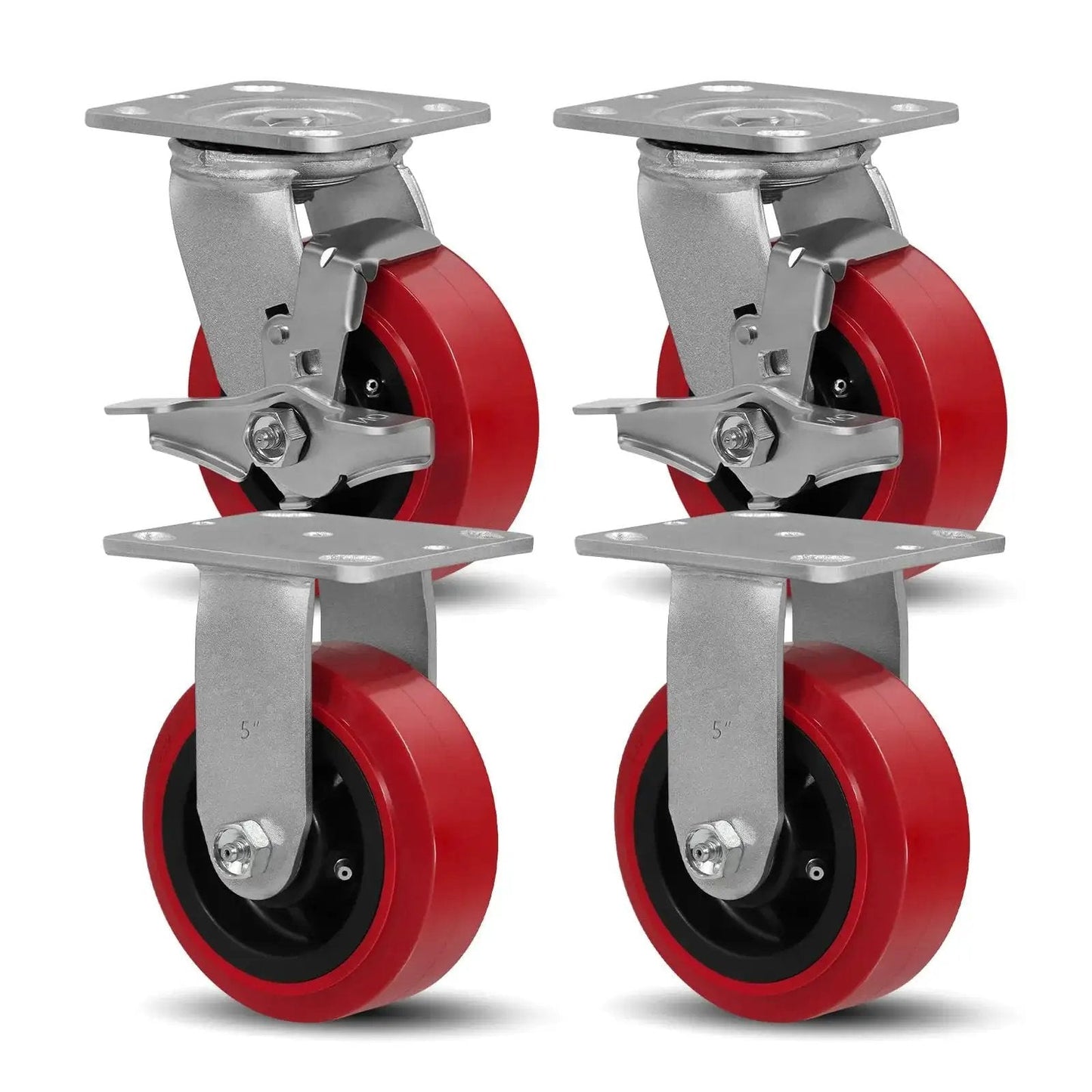 5 Inch By 2 Inch Heavy Duty Industrial Caster Wheels With Polyurethane On Polyolefin Core, Top Plate 4 Inch By 4.5 Inch, 2 Rigid And 2 Swivel With Top Lock Brake, 3200 Lbs Load Capacity Per Set, showing red polyurethane wheels and metal brackets.