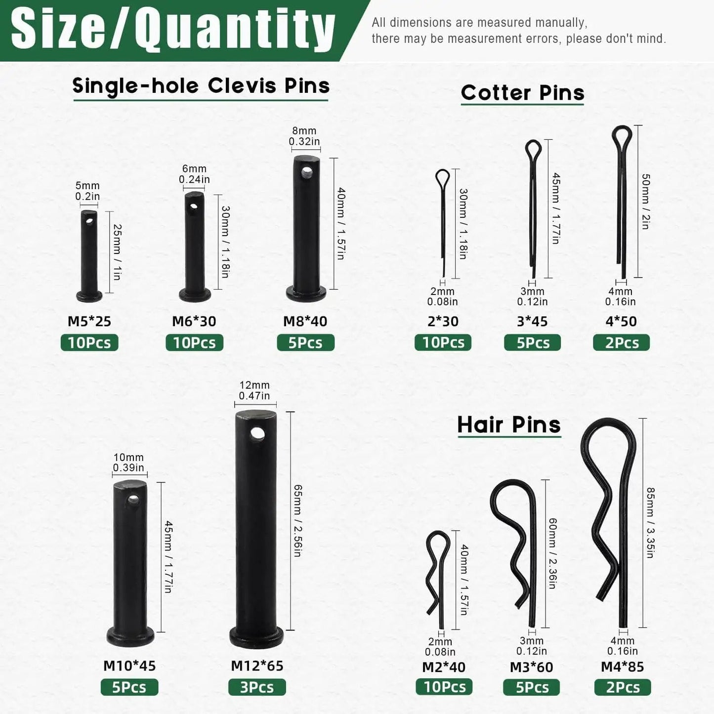 Assortment of 11 sizes clevis, cotter, hair pins; All In One 67 Piece Flat Head Cotter Pins Assortment Kit With R Clips Clevis Pins And Split Cotter Pins Stainless Steel Black Finish 11 Sizes For DIY Auto Home Improvement Projects Keadic