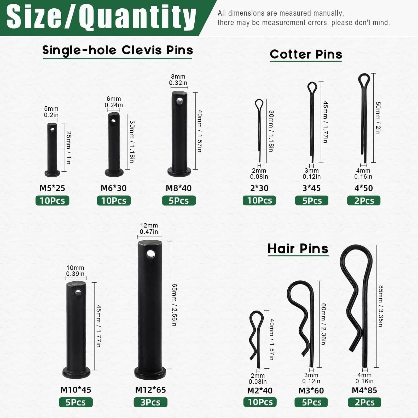 Assortment of 11 sizes clevis, cotter, hair pins; All In One 67 Piece Flat Head Cotter Pins Assortment Kit With R Clips Clevis Pins And Split Cotter Pins Stainless Steel Black Finish 11 Sizes For DIY Auto Home Improvement Projects Keadic