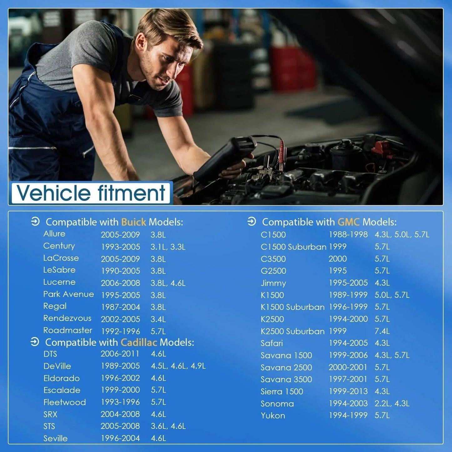 Mechanic working on a car engine illustrating compatibility for Coolant Temperature Sensor Replacement For Buick Allure Chevrolet Silverado GMC Pontiac 1986 To 2007 With 3.8L 4.3L And 4.6L Engines Direct Fit OEM Replacement 213 928 15326386 213928.