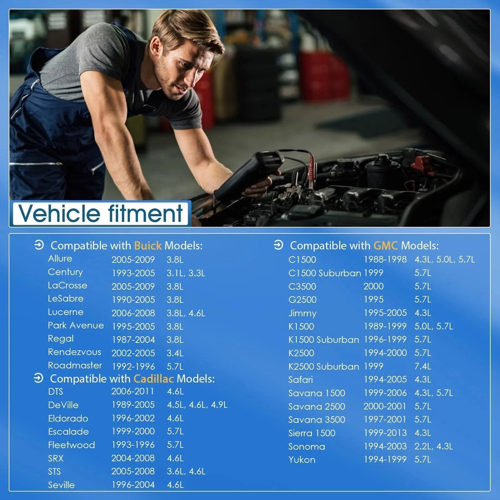 Mechanic working on a car engine illustrating compatibility for Coolant Temperature Sensor Replacement For Buick Allure Chevrolet Silverado GMC Pontiac 1986 To 2007 With 3.8L 4.3L And 4.6L Engines Direct Fit OEM Replacement 213 928 15326386 213928.