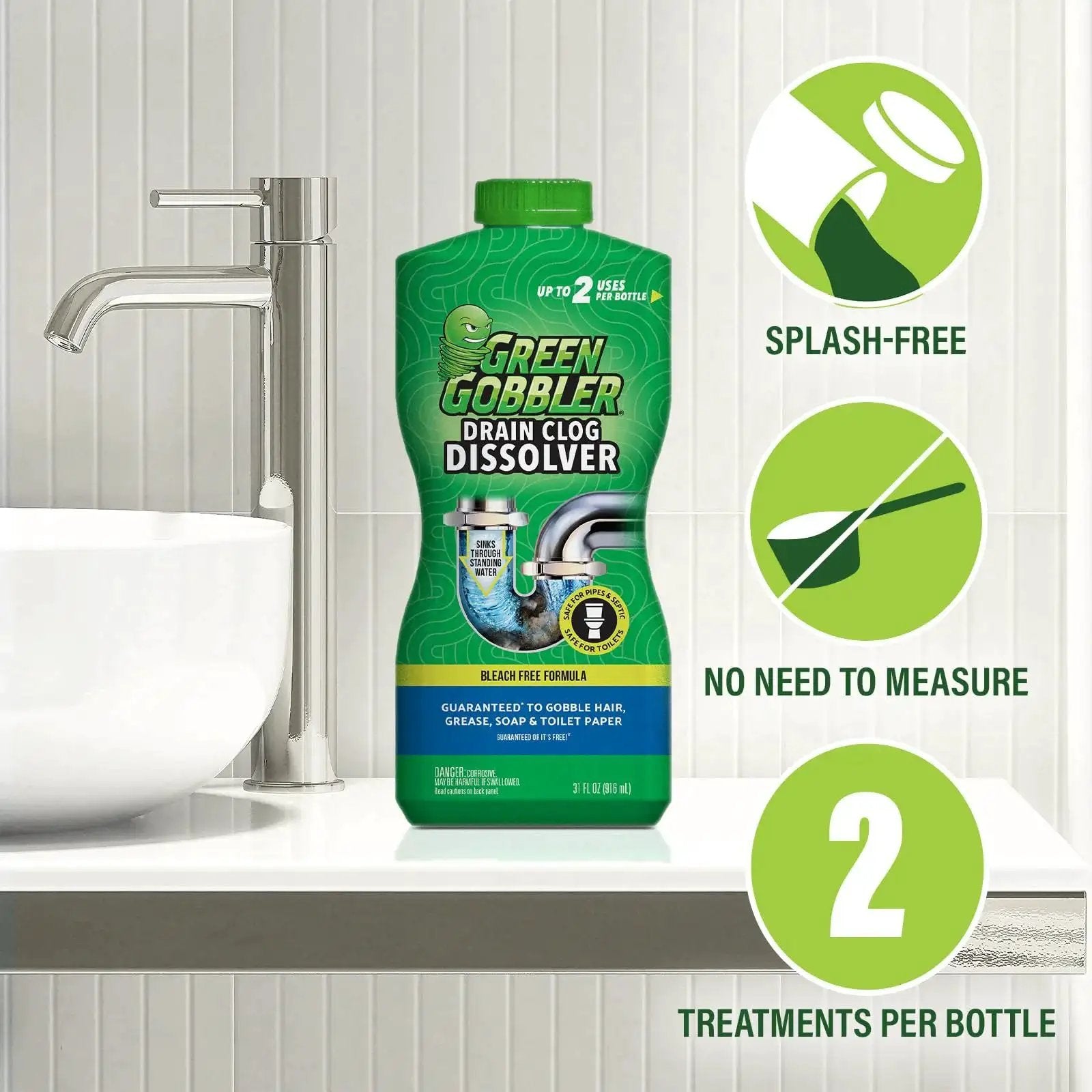 Drain Clog Dissolver Powerful Liquid Opener For Pipes And Septic 2 Pack bottle next to sink and faucet