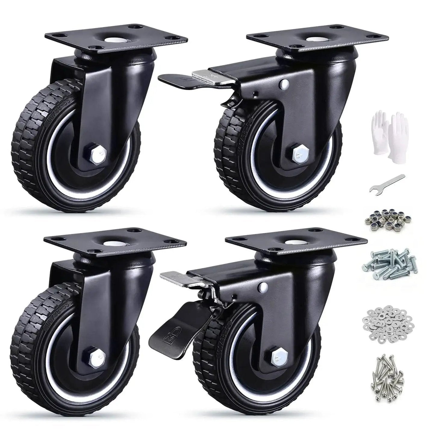 4 Inch Heavy Duty Caster Wheels Set Of 4 With Total Enclosure Dust Cover Dual Locking Silent Industrial Rubber Swivel Casters