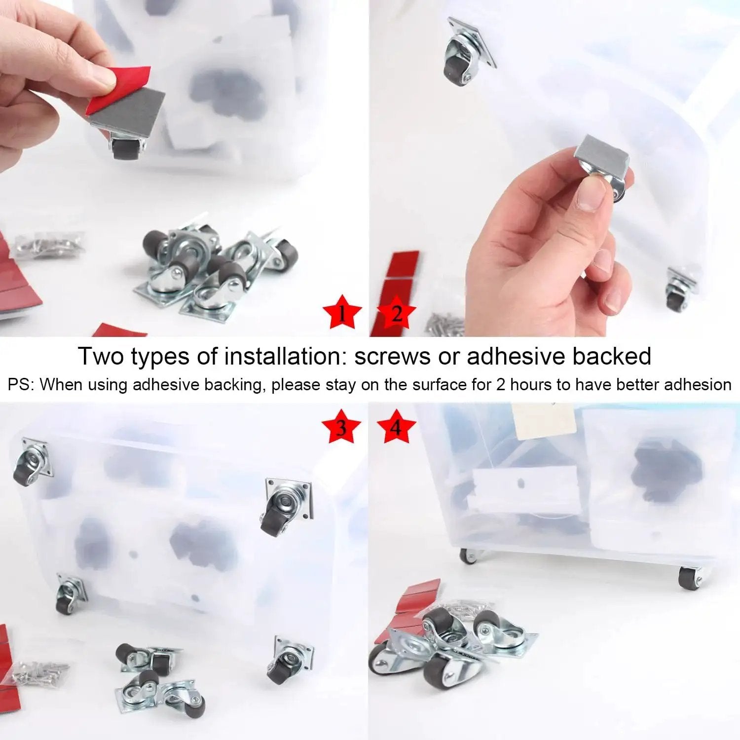 0.5 Inch Mini Swivel Caster Wheels With Self Adhesive Plate installed on storage crate, showing screws and adhesive options.