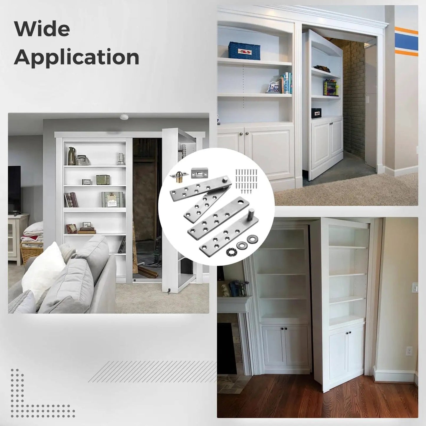 Beefy Heavy Duty Stainless Steel Door Pivot Hinges 2 Pack For Hidden Secret Doors with bookshelf installation examples.