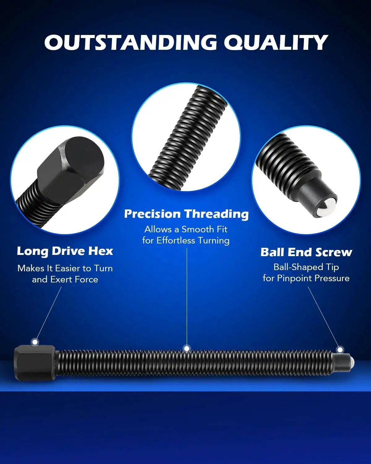 Close-up of precision threading and ball end screw from 5 Ton Bearing Puller Set With Bearing Separator And Pinion Wheel Removal Kit.
