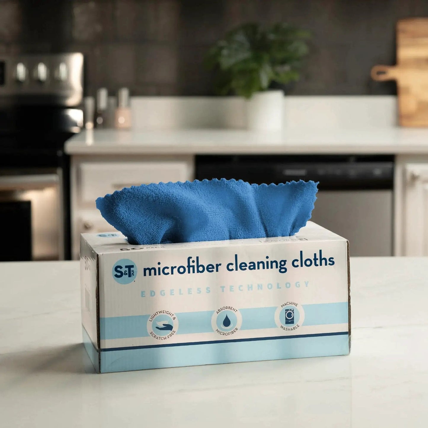 50 Pack Microfiber Towels 11.8x11.8 In Lint-Free Reusable For Home And Car in box on kitchen counter