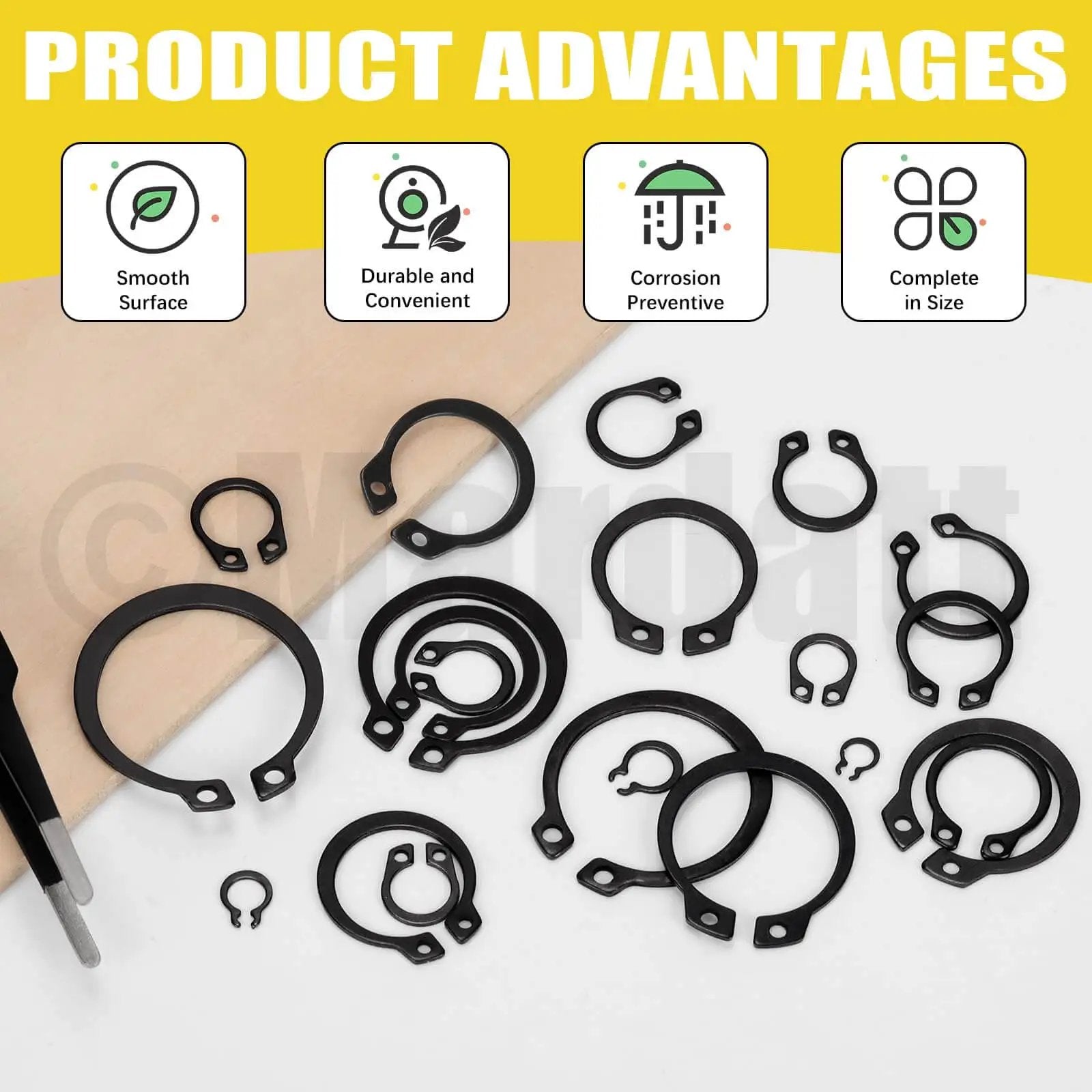 266 Piece External Retaining Rings Kit With 21 Sizes M4 To M28 Circlip Snap Rings Retainer Rings And Tweezers displayed on surface